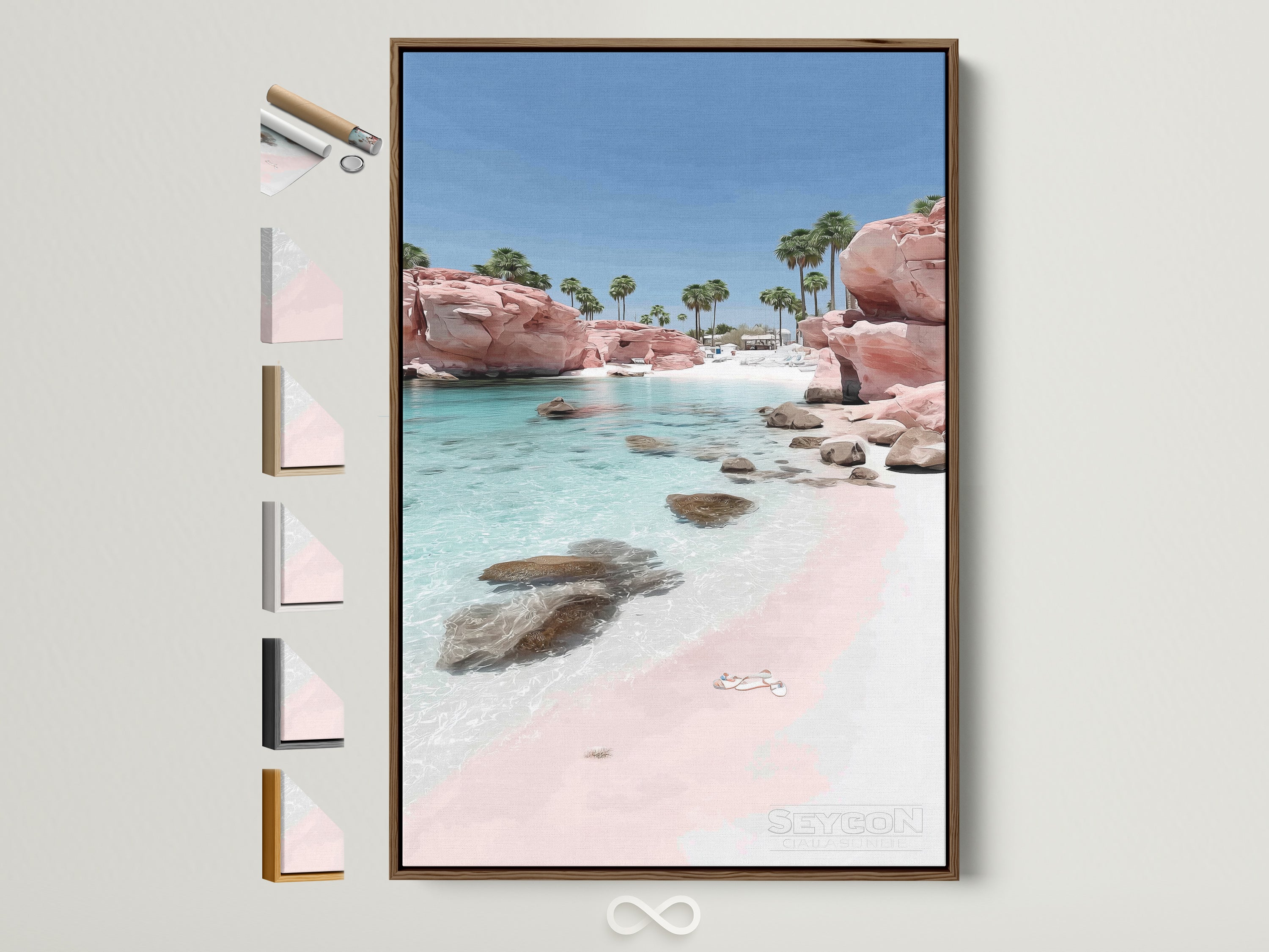 Pink Sand Beach artwork in a brown frame. The wall art captures a serene coastal scene. Turquoise water meets a blush pink beach. See frame options to customize your coastal artwork.