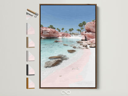 Pink Sand Beach artwork in a brown frame. The wall art captures a serene coastal scene. Turquoise water meets a blush pink beach. See frame options to customize your coastal artwork.