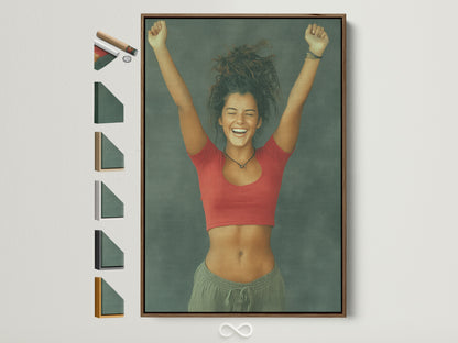 Euphoric Woman art in a brown frame. This cheerful portrait canvas print brings joy to any room. See all frame options available. Perfect teen girl room decor. Upbeat and expressive art for modern homes.