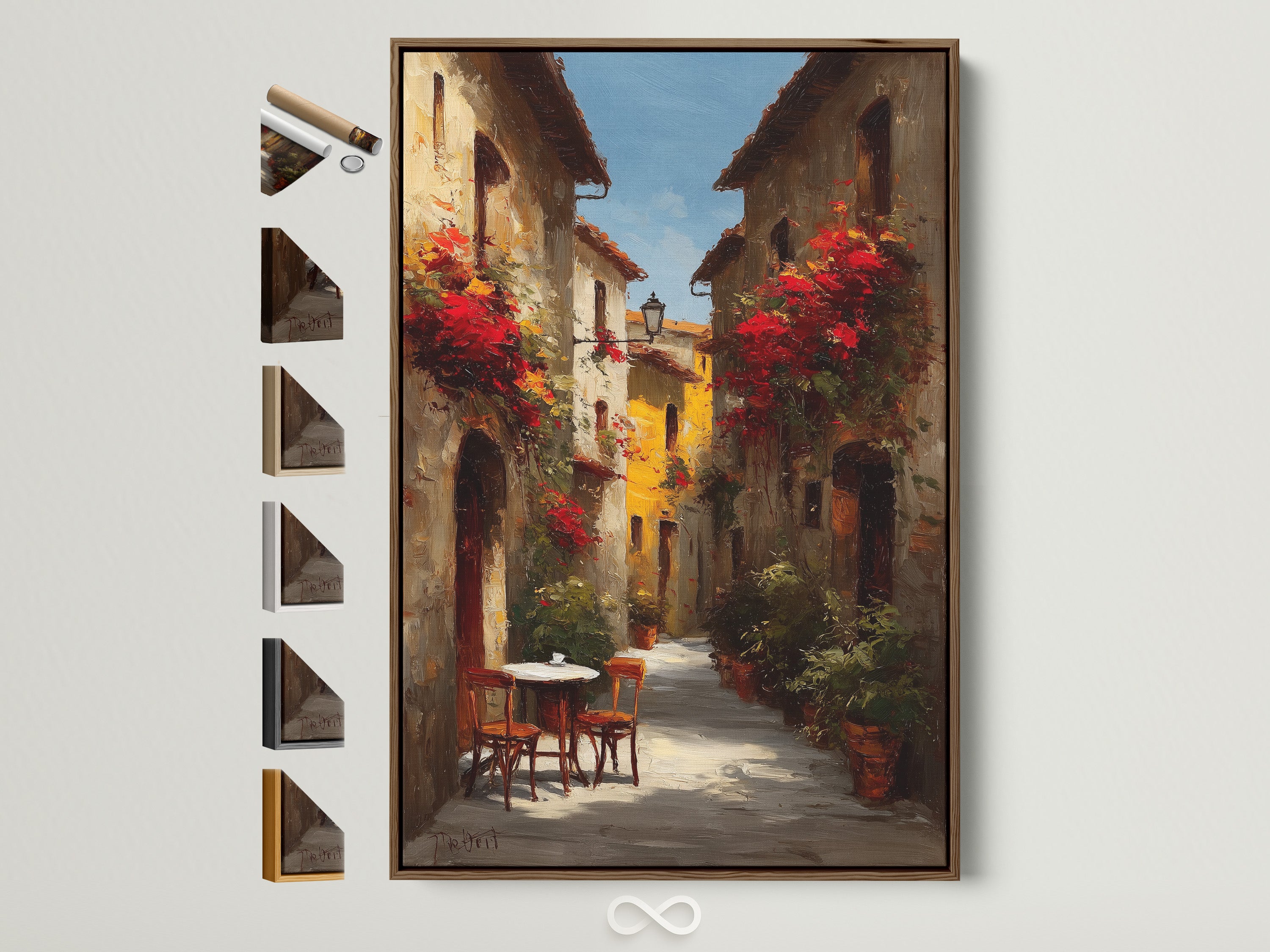 Brown frame artwork. All frame options are displayed on the side. The art depicts a charming Italian street scene with red flowers. A table and chairs sit invitingly in the foreground. The artwork is framed and hung on a white wall. The lighting highlights the texture of the art.