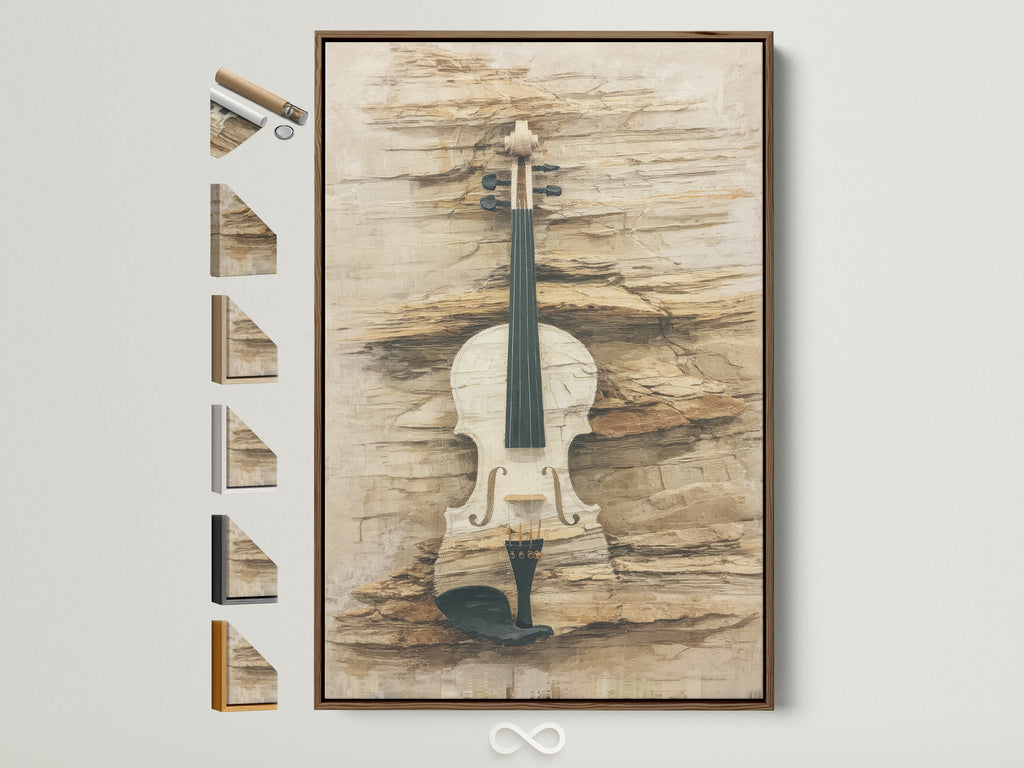 Explore frame options for vintage violin art. See a brown frame showcasing neutral tone musical instrument artwork. View other frame styles available. Perfect rustic artwork for any music room decor.