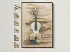 Explore frame options for vintage violin art. See a brown frame showcasing neutral tone musical instrument artwork. View other frame styles available. Perfect rustic artwork for any music room decor.
