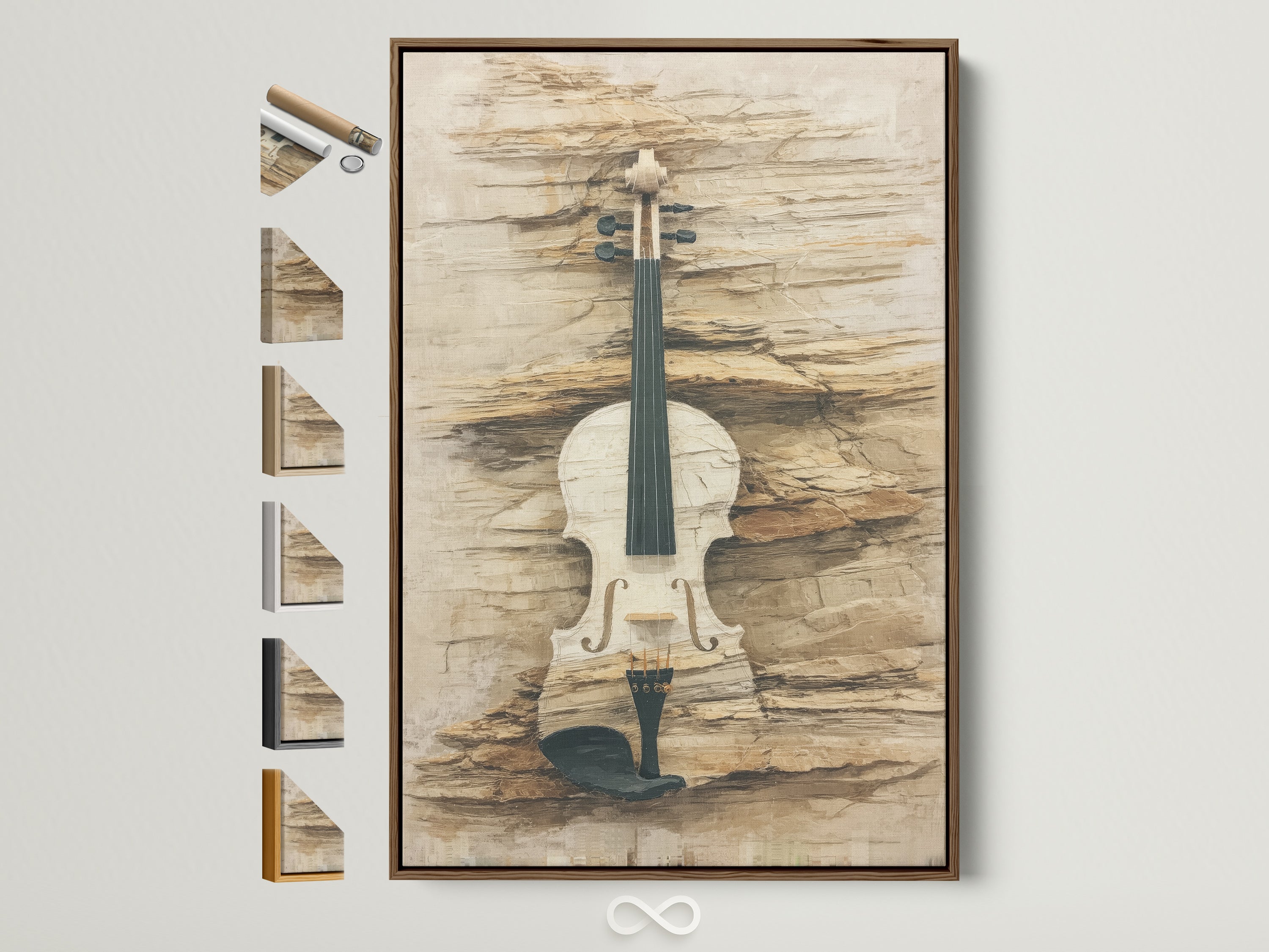 Explore frame options for vintage violin art. See a brown frame showcasing neutral tone musical instrument artwork. View other frame styles available. Perfect rustic artwork for any music room decor.