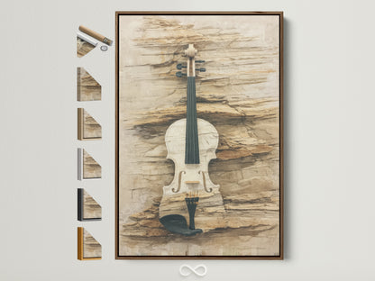 Explore frame options for vintage violin art. See a brown frame showcasing neutral tone musical instrument artwork. View other frame styles available. Perfect rustic artwork for any music room decor.