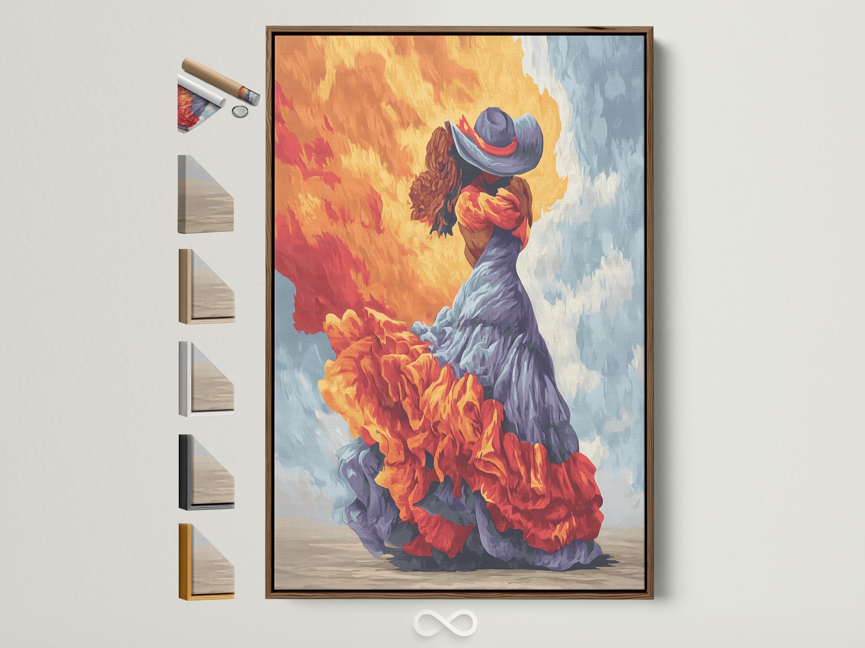 Flamenco dancer artwork with a brown frame. This Spanish dress wall art features orange and teal colors. Various frame options are displayed. Enhance your studio or living space with vibrant artwork.