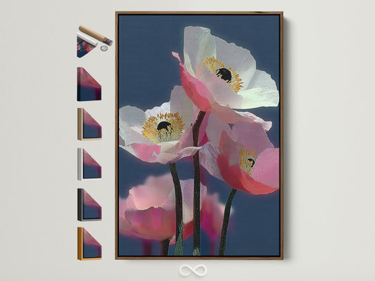 Framed pink poppy artwork with a brown frame hangs on a white wall. See all available frame options. This modern floral wall art is perfect for bedroom decor or any contemporary space. The artwork features a pink flower print. It's a beautiful botanical artwork.