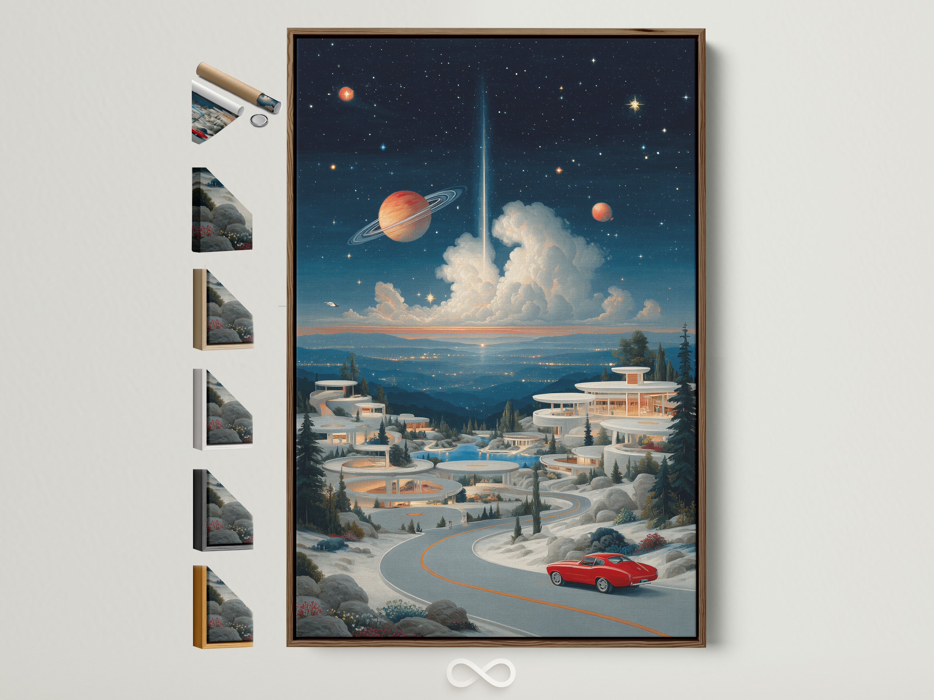 Surreal space landscape artwork with a brown frame. This retro futuristic wall art features a cosmic village scene. Planets and starry nights create a dreamy bedroom decor. Explore more frame options to enhance your space art print.