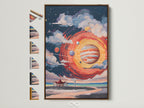 A framed space art canvas print is displayed with various frame options. The artwork features a cosmic lighthouse and solar system elements. Explore frame styles to enhance your astronomy decor.