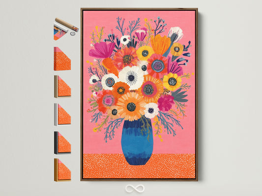 Brown frame displays a colorful floral artwork. It features a pink background and a blue vase. The frame options are visible on the side. This artwork is perfect for adding a touch of nature to your space. Find the perfect frame to complement your artwork.