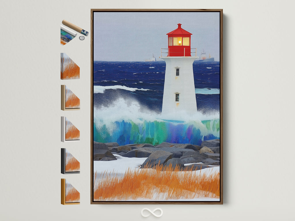 Lighthouse canvas print in a brown frame. This coastal seascape wall art brings nautical decor to your beach house. Ocean wave art captures the essence of maritime beauty. Frame options are displayed aside the art piece.