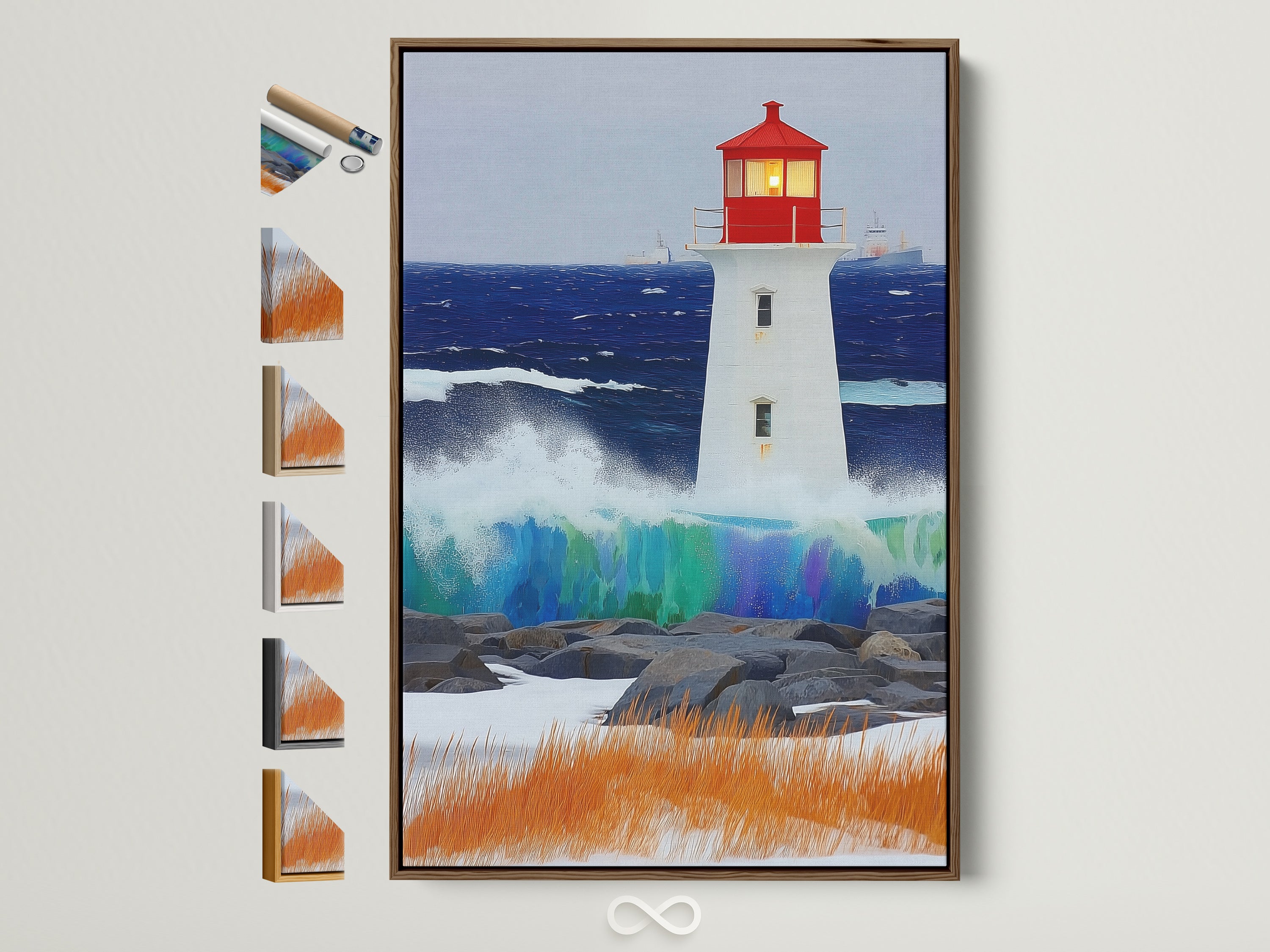 Lighthouse canvas print in a brown frame. This coastal seascape wall art brings nautical decor to your beach house. Ocean wave art captures the essence of maritime beauty. Frame options are displayed aside the art piece.