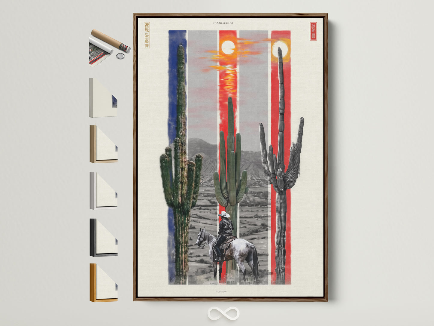 A captivating desert cactus artwork is displayed in a brown frame. Explore all frame options. This southwestern landscape artwork features a cowboy on horseback. It adds a touch of the Wild West to any room. Perfect for rustic and western decor styles.