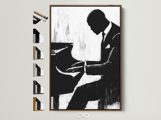 A musician silhouette art print is displayed in a brown frame. The artwork shows a pianist in profile playing the piano. This black and white jazz wall art adds a touch of vintage music charm. All frame options are visible on the side.