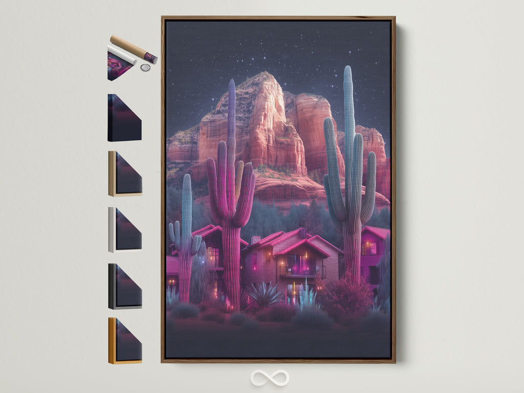 Neon cactus artwork featuring a desert landscape inside a brown frame. The artwork showcases a southwestern scene with vibrant pink and teal hues. Frame options are displayed on the side. Elevate your home wall decor with this modern desert art.