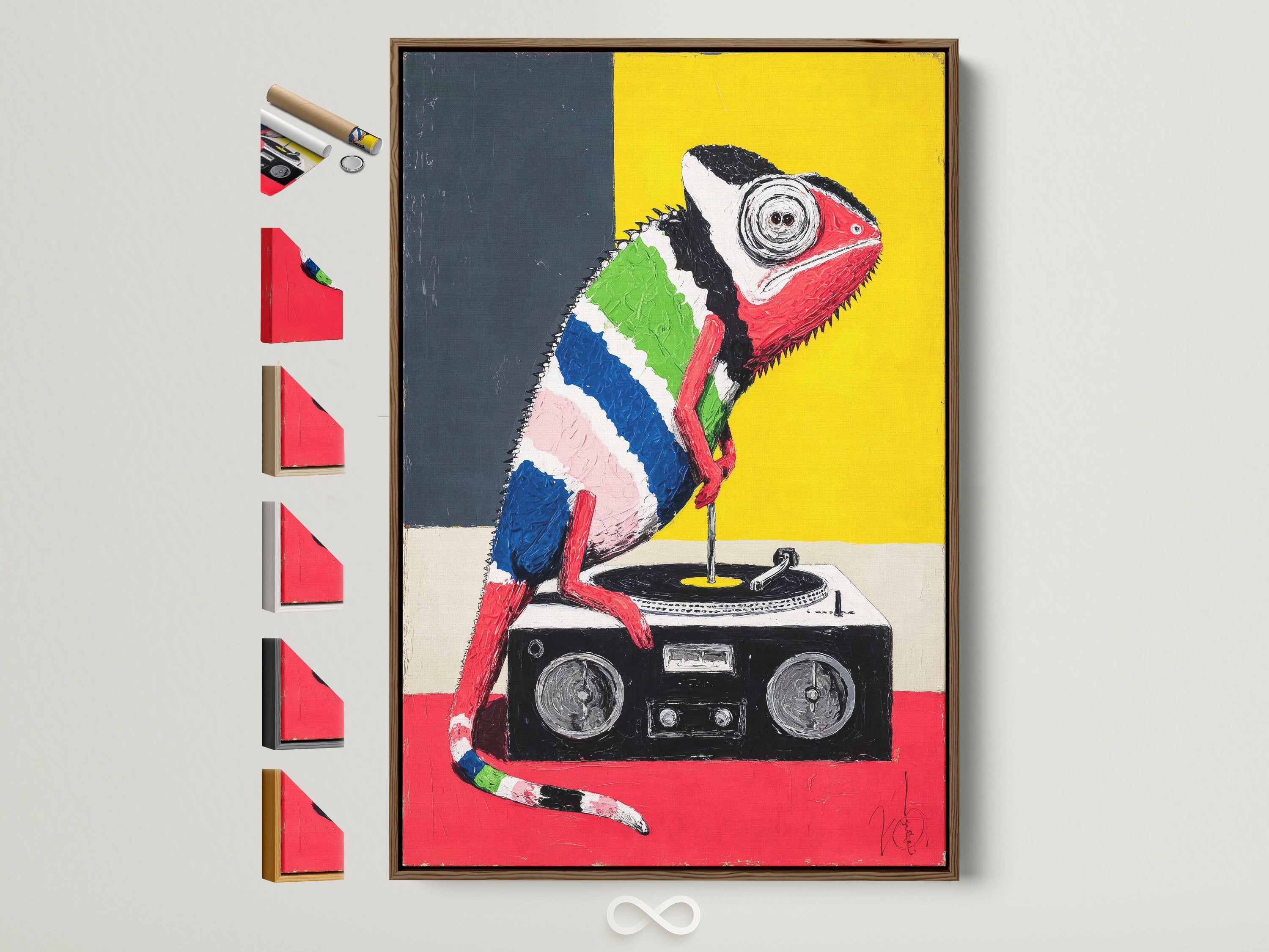 A colorful chameleon artwork is displayed in a brown frame. See all available frame options. This pop art animal canvas adds a funky touch to any room. Perfect studio wall art.