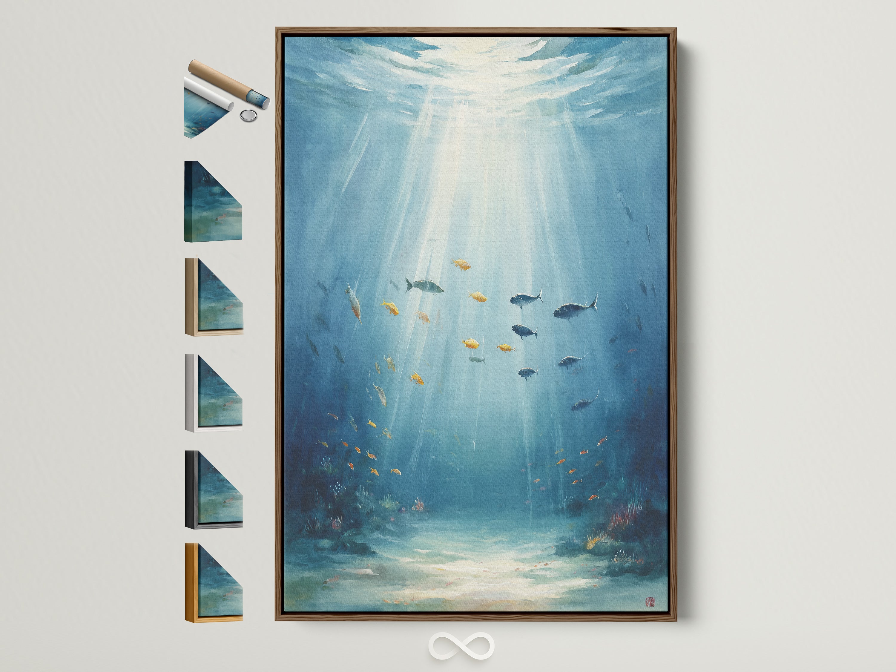 Underwater scene artwork with a brown frame. This ocean fish wall art features an aqua blue sea life painting. See all frame options available for coastal decor and marine life art. Perfect bathroom wall art!