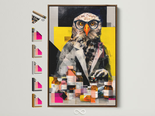 A brown frame showcases the quirky owl scientist artwork. This contemporary wildlife art print is perfect for an office or study room. See frame options available. Choose the perfect frame for your space. This unique owl art print is sure to spark conversation.