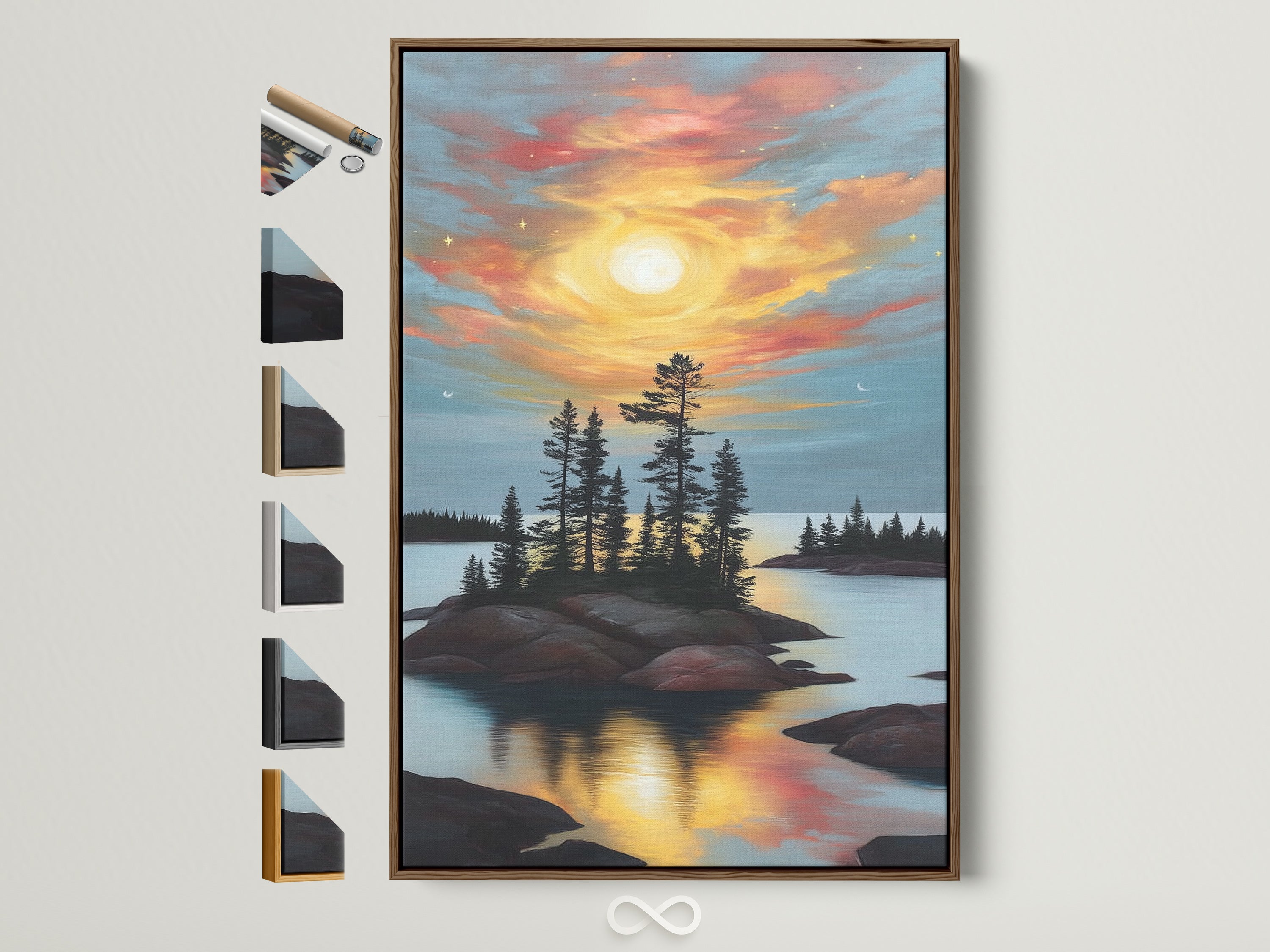 Lake Sunset Canvas Print framed in a brown frame. The warm tone nature artwork features an island with pine trees reflecting in the calm lake. See all available frame options. Perfect wall art for bedroom decor.