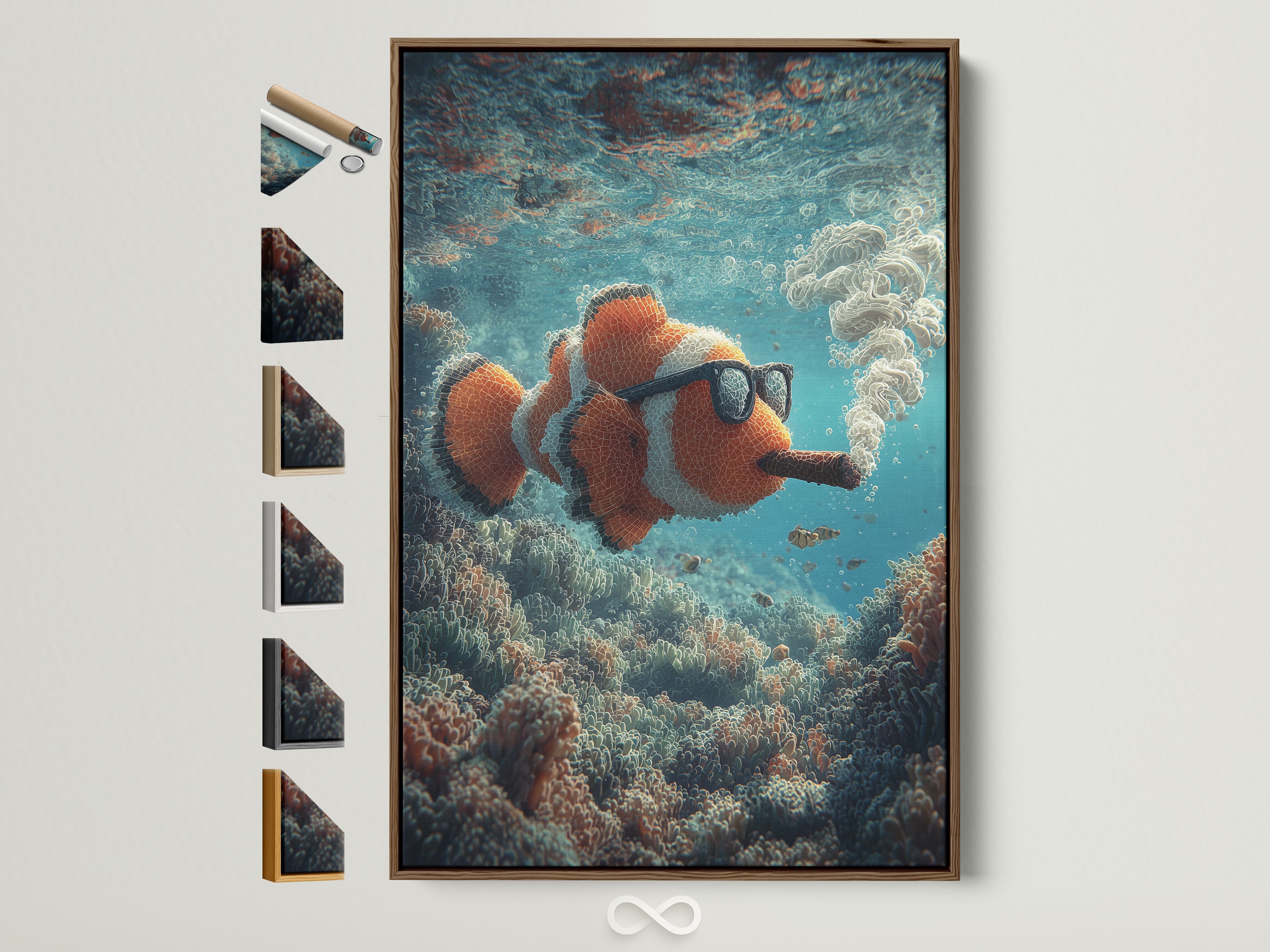 Brown frame featuring all frame options on the side. This art piece showcases a clownfish. The clownfish is depicted smoking a cigar underwater. This artwork adds a touch of humor to any room. Perfect for ocean lovers and art collectors alike
