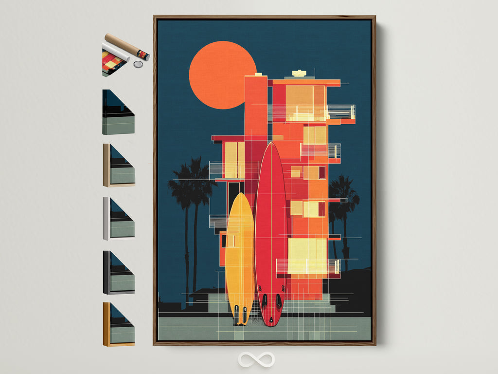 A brown frame showcases a mid-century modern surfboard art print. The artwork features a coastal architecture poster. It is ideal for a retro beach house wall. All frame options are displayed on the side. Perfect for adding summer vibes to any space.