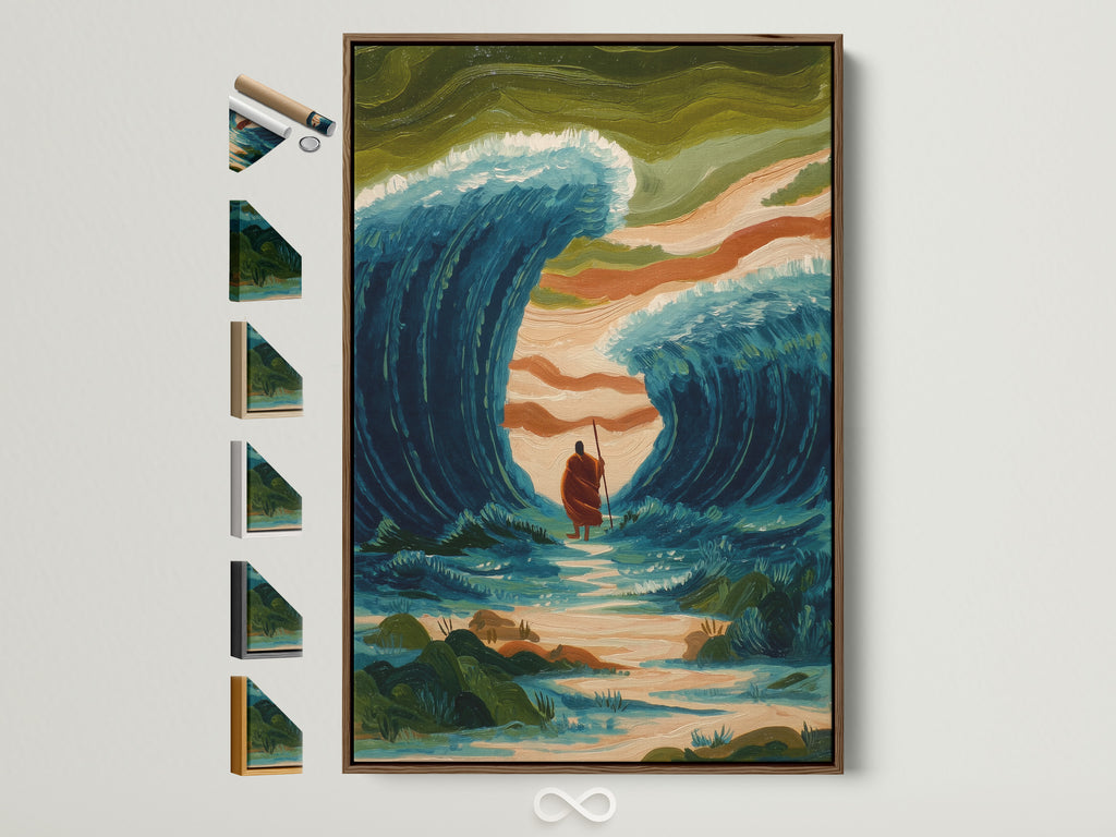 Artwork with a brown frame showcases frame options on the side. Different frame styles and finishes are displayed. It provides a comprehensive view of available choices. Find the perfect frame to complement your art.