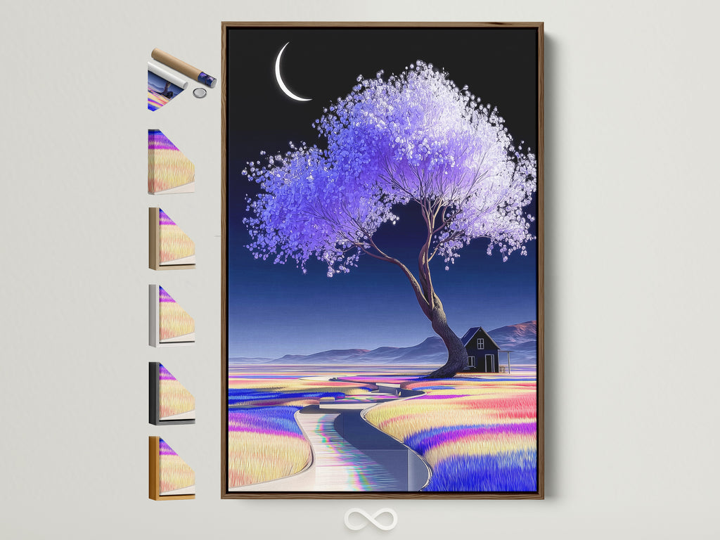 A serene moonlit landscape artwork is framed in a warm brown tone. This lavender tree art features a pastel color field print. All frame options are displayed allowing you to customize your dreamy wall decor. Perfect home decor art for creating a calming atmosphere.