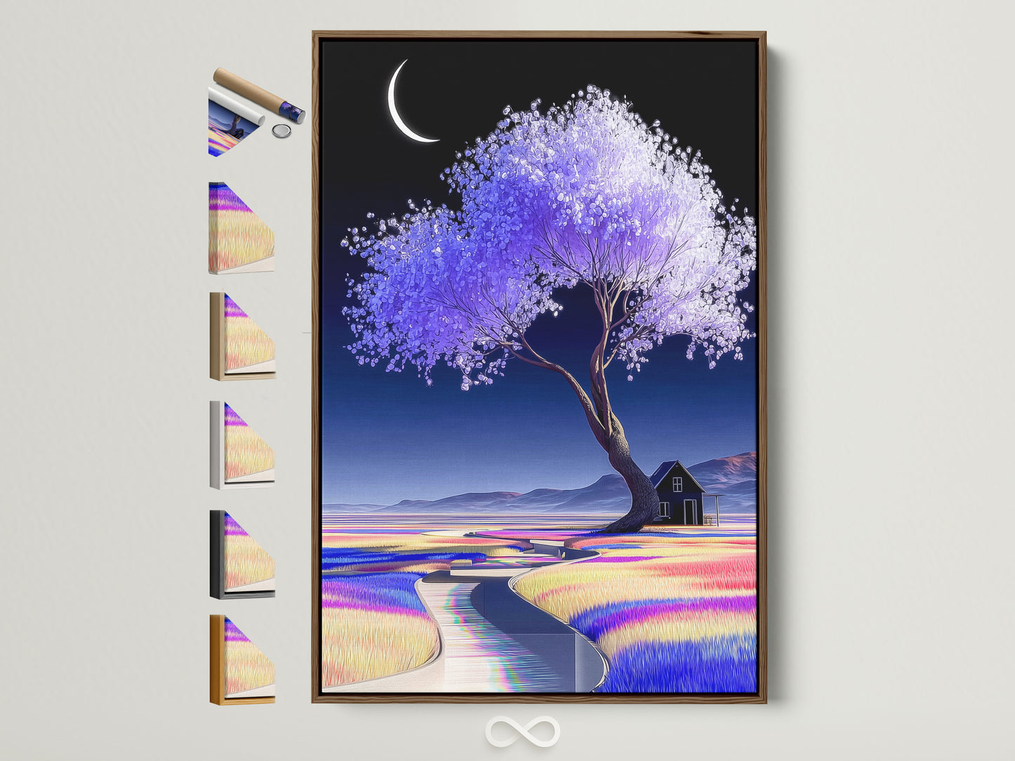 A serene moonlit landscape artwork is framed in a warm brown tone. This lavender tree art features a pastel color field print. All frame options are displayed allowing you to customize your dreamy wall decor. Perfect home decor art for creating a calming atmosphere.