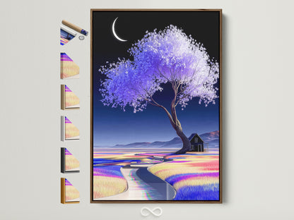 A serene moonlit landscape artwork is framed in a warm brown tone. This lavender tree art features a pastel color field print. All frame options are displayed allowing you to customize your dreamy wall decor. Perfect home decor art for creating a calming atmosphere.