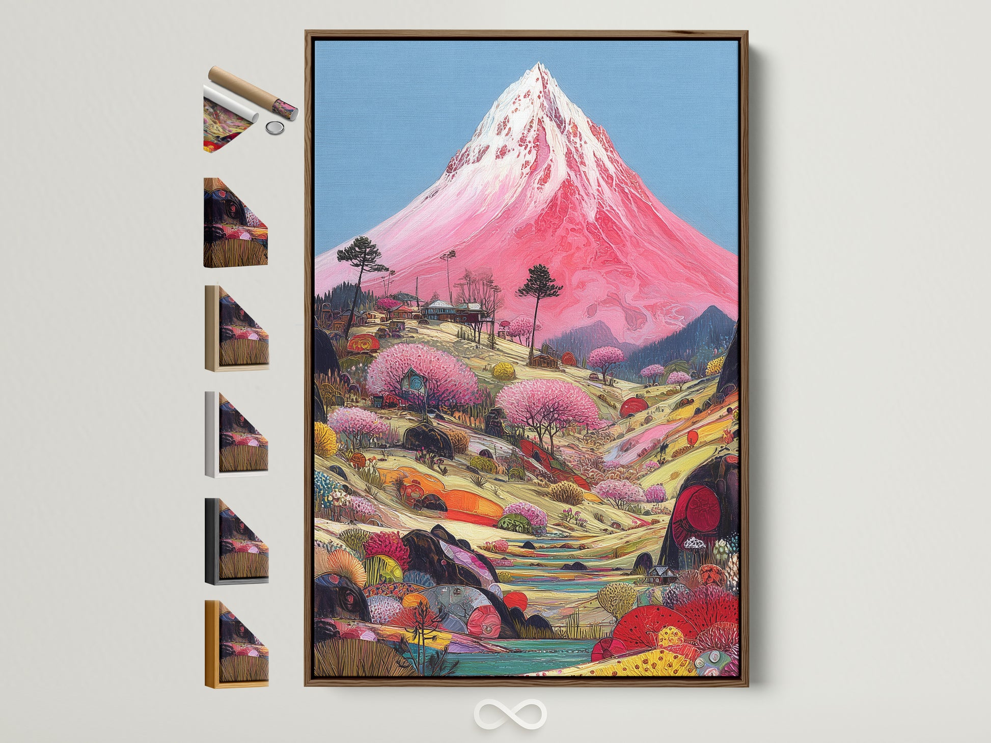 Explore framed art options with this brown frame. See all available frame styles for your Mount Fuji artwork. Select the perfect frame to complement your bohemian or modern decor. Enhance your Japanese landscape wall art.