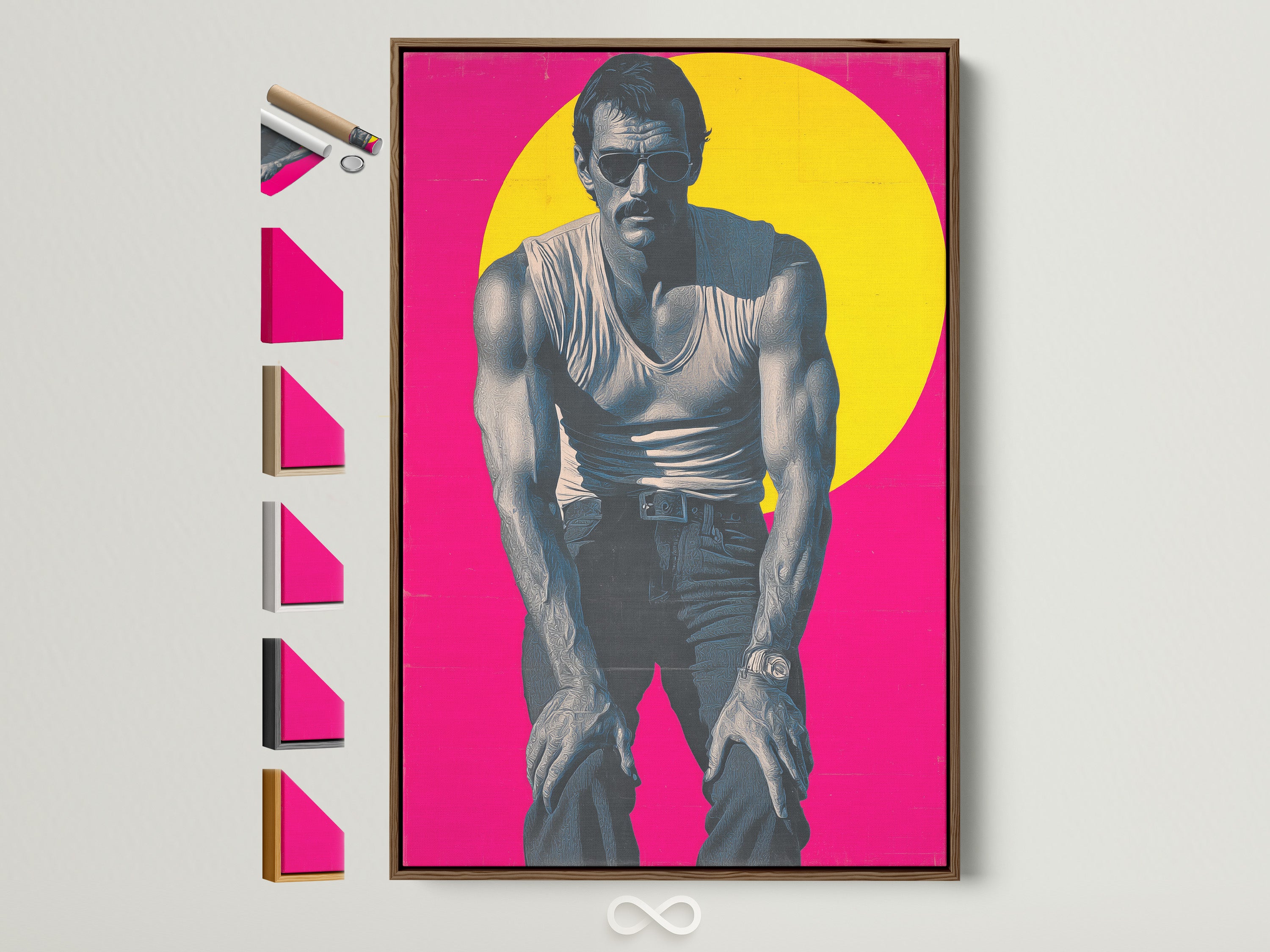 Retro magenta pink wall art in a brown frame. The artwork is a vintage man cave poster for bedroom wall decor. The frame options are displayed on the side. This pop art portrait canvas print adds a mid-century feel to any room.
