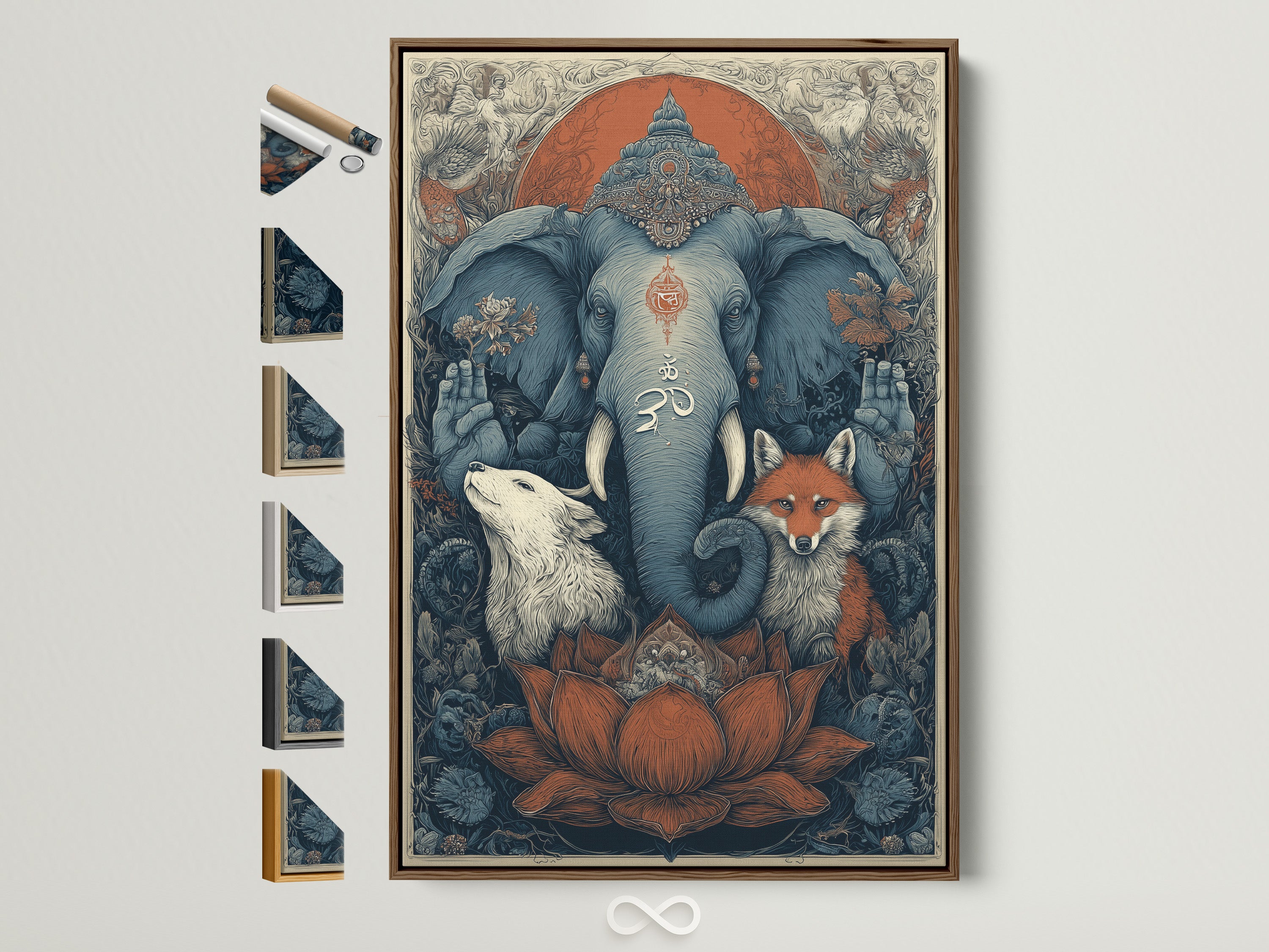 Sacred Animals art print in a brown frame. This spiritual artwork features an elephant wolf and fox. Bohemian meditation room decor with an Om symbol. Find spiritual home decor and zen wall art here. This artwork is great for living rooms bedrooms yoga studios lobbies clinics and meditation centers.