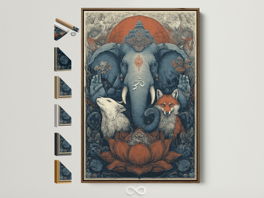 Sacred Animals art print in a brown frame. This spiritual artwork features an elephant wolf and fox. Bohemian meditation room decor with an Om symbol. Find spiritual home decor and zen wall art here. This artwork is great for living rooms bedrooms yoga studios lobbies clinics and meditation centers.