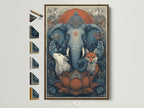 Sacred Animals art print in a brown frame. This spiritual artwork features an elephant wolf and fox. Bohemian meditation room decor with an Om symbol. Find spiritual home decor and zen wall art here. This artwork is great for living rooms bedrooms yoga studios lobbies clinics and meditation centers.