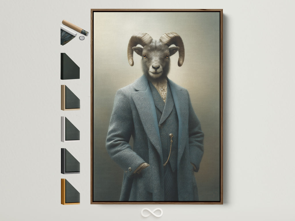 Ram Portrait artwork in a brown frame. The frame is displayed with various frame options available. This Victorian animal art adds a touch of sophistication to any space. Perfect for eclectic or office styles it serves as a unique conversation piece.