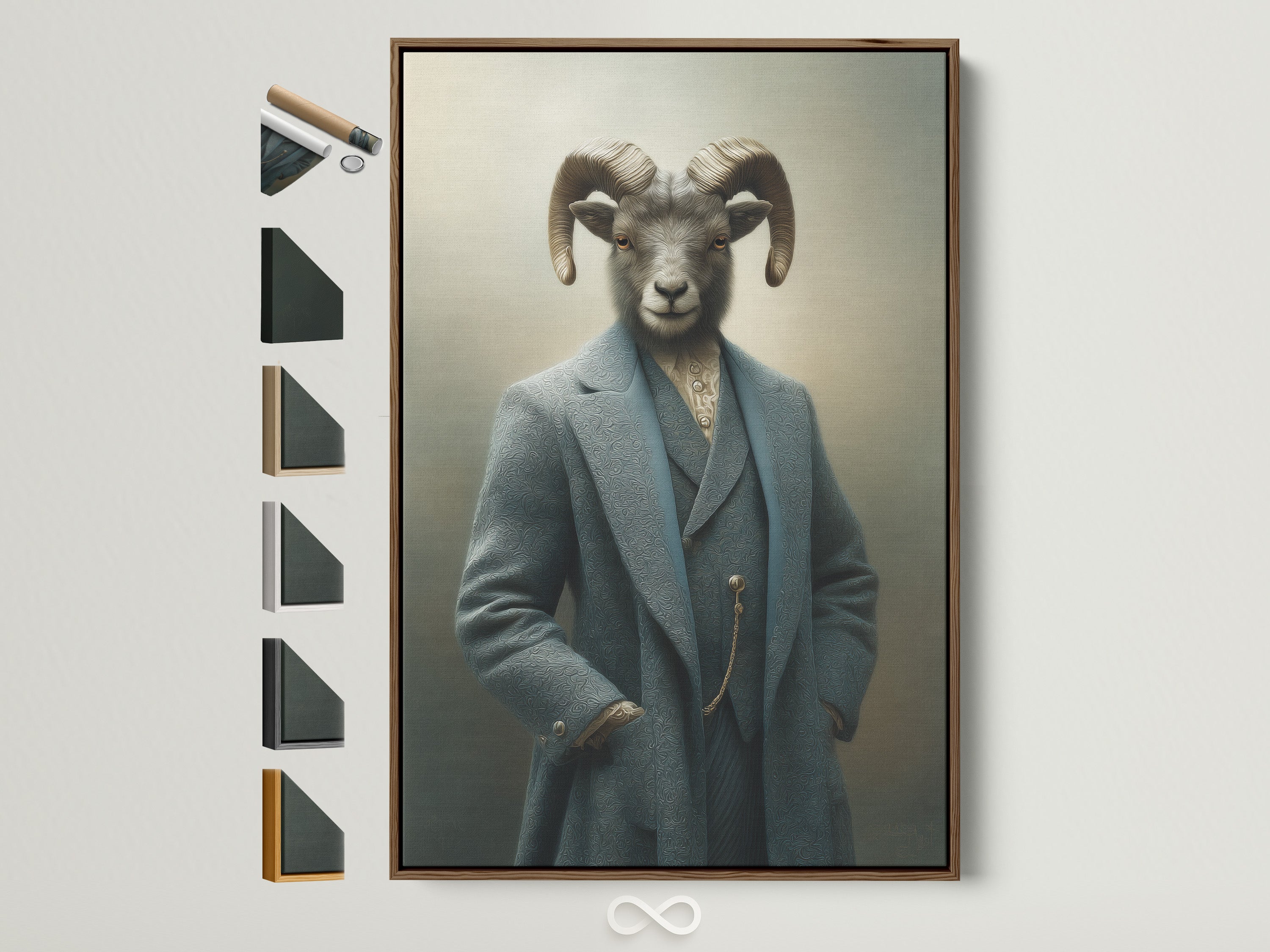 Ram Portrait artwork in a brown frame. The frame is displayed with various frame options available. This Victorian animal art adds a touch of sophistication to any space. Perfect for eclectic or office styles it serves as a unique conversation piece.