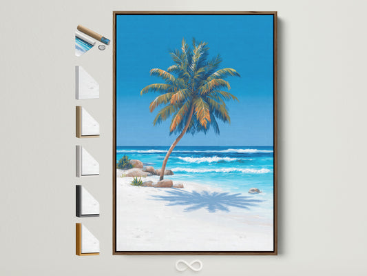Tropical palm tree artwork in a brown frame. This beach ocean wall art brings a coastal paradise to any bedroom. Notice the frame options displayed beside the framed art piece. Perfect for adding a touch of island charm to your home decor