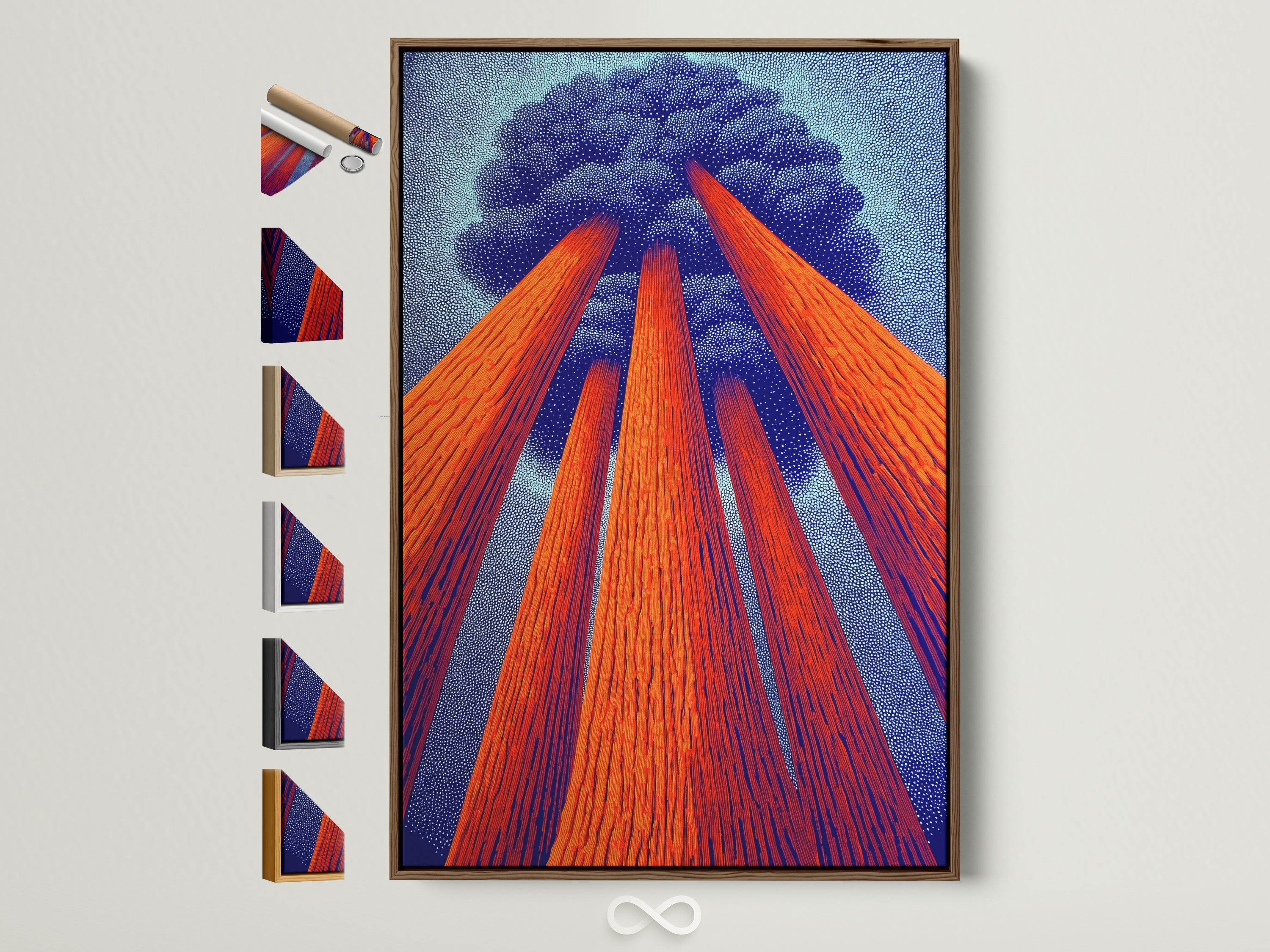 Sequoia Canvas Print in a brown frame displays all frame options. This redwood forest wall art brings modern tree artwork to any office decor. Earth tones of blue and orange enhance the forest artwork. Perfect for nature lovers looking for vertical art.