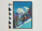 Ski Resort Canvas Art with a brown frame. The artwork features a mountain chairlift. This winter sports poster is perfect for cabin decor. The alpine ski print brings the slopes home. All frame options are visible. Elevate your space with this mountain artwork.