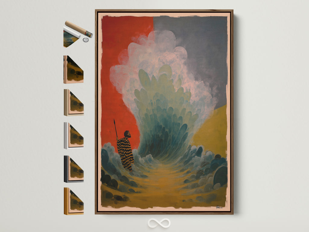 A vibrant artwork is displayed in a brown frame. The art piece features a mix of red green and yellow hues. Frame options are showcased beside it. Perfect for adding color to any room. Elevate your space with framed artwork.