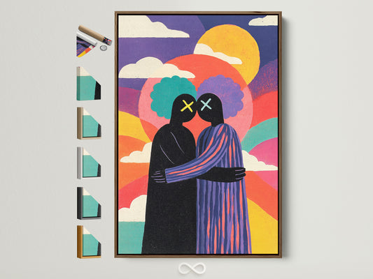 Framed artwork featuring two figures embracing. The art print has a brown frame. The artwork is colorful with a rainbow effect. This wall art adds a modern touch to any space. Explore framed art options.