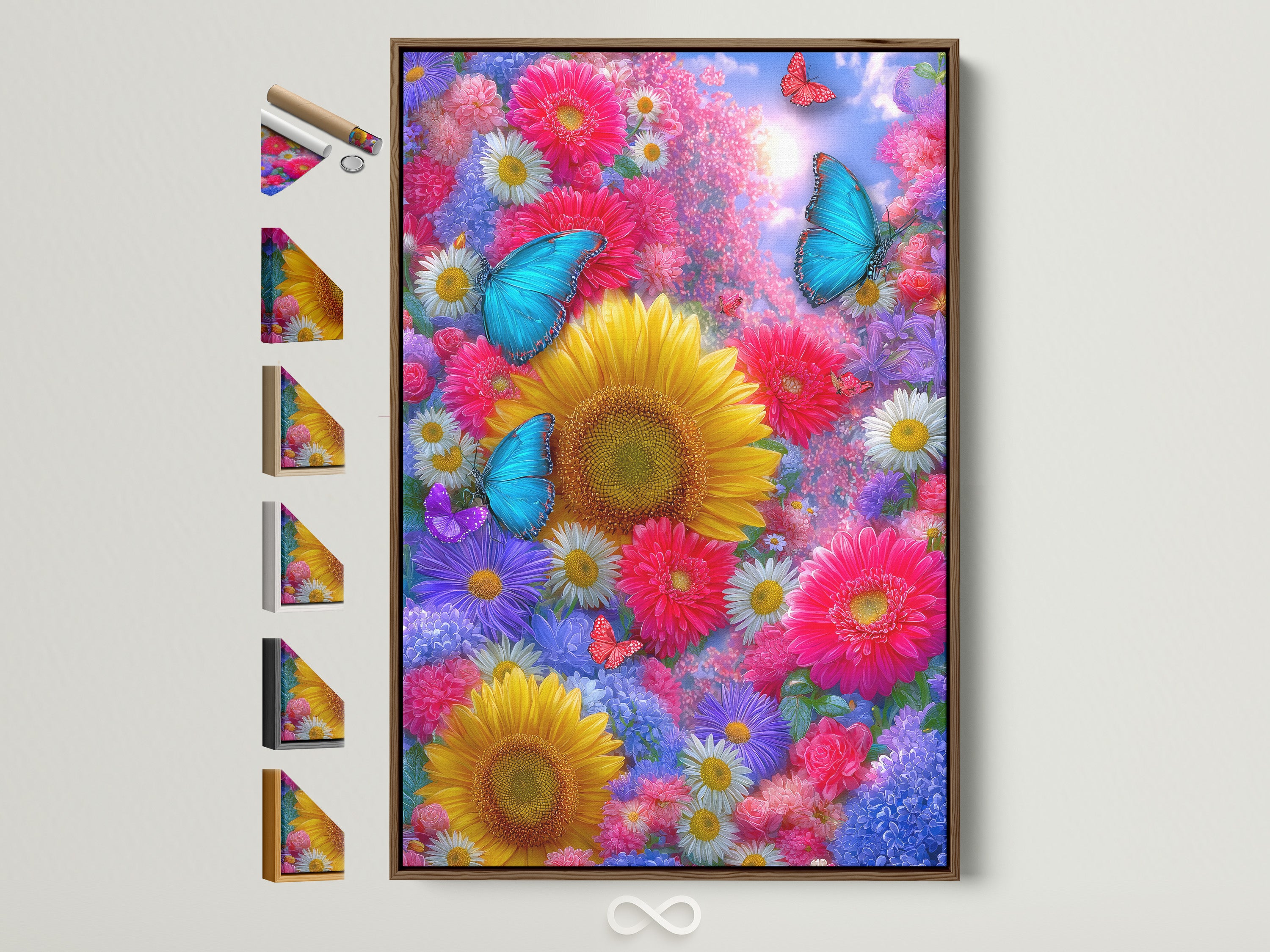 Framed butterfly flower garden artwork with a brown frame is displayed. The artwork features vibrant sunflowers and colorful botanical elements. This wall art complements boho eclectic or modern styles beautifully. The frame options are visible on the side offering different choices.
