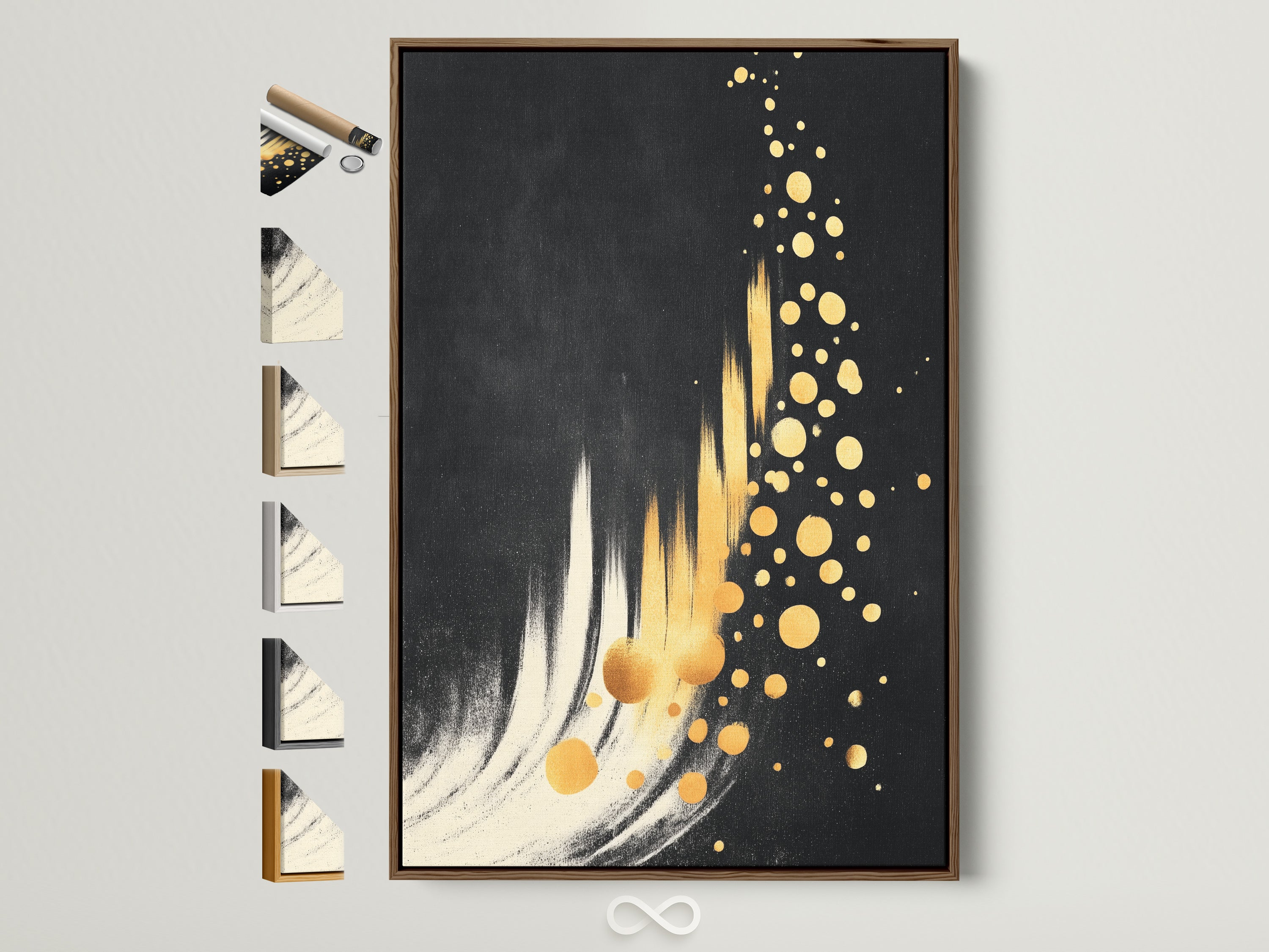 Modern sparkle artwork in a brown frame hangs on a wall. This black and gold wall art elevates minimalist home decor. The brown frame complements the contemporary art. It creates a luxe wall decor piece for homeowners and designers.