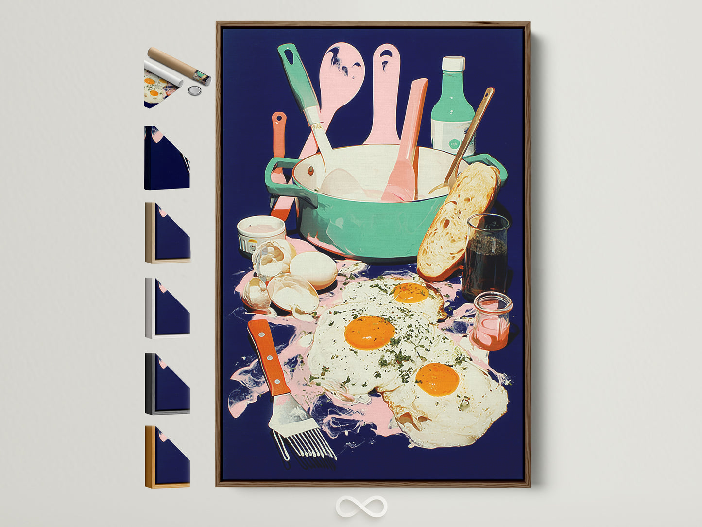 Breakfast Still Life artwork with a brown frame. The art features eggs toast and kitchen utensils in pink green and blue hues. Frame options are displayed beside the artwork. This foodie canvas print adds culinary charm to any dining decor.