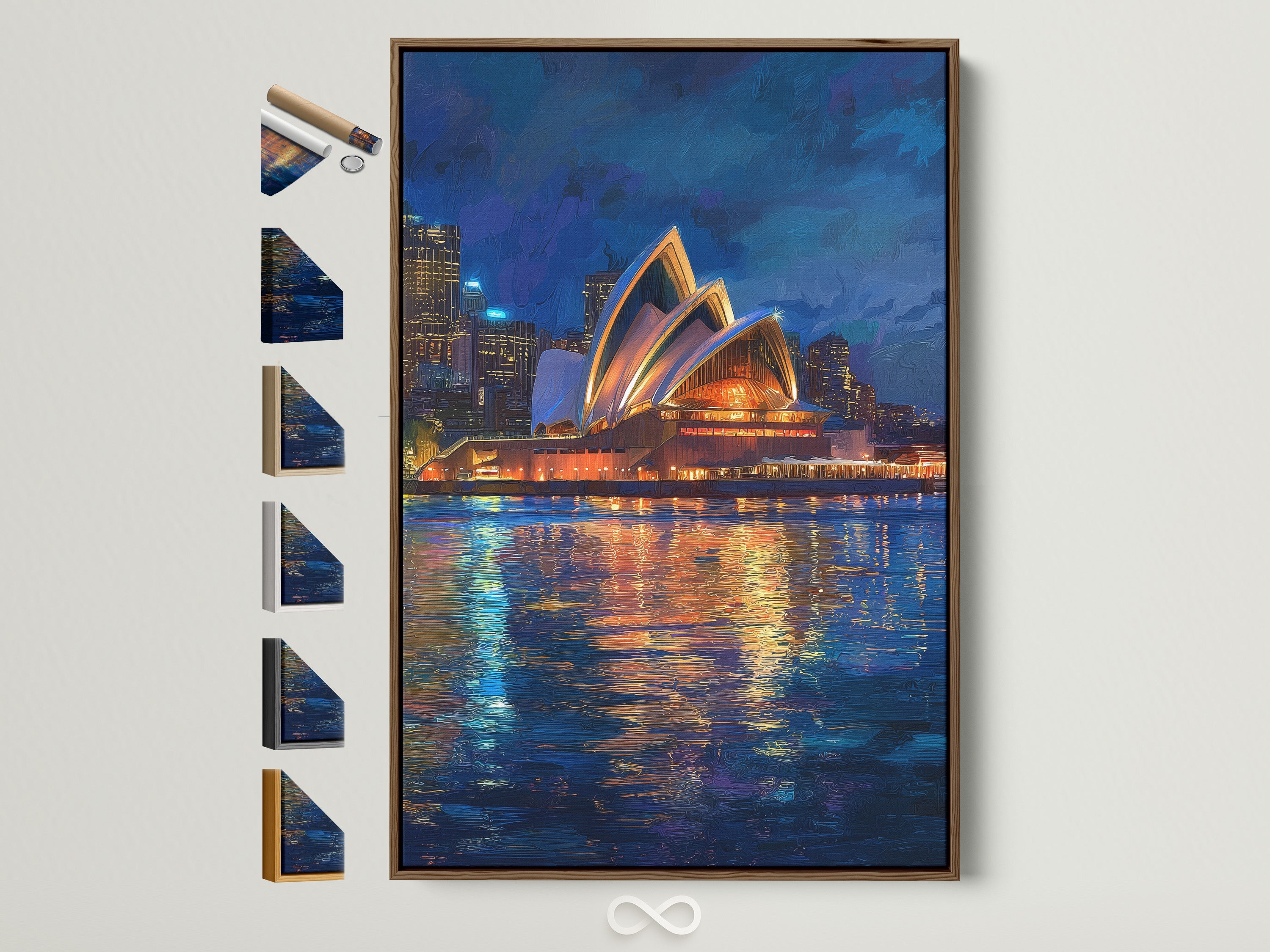 Explore framing options for your artwork. See a brown frame example with various frame styles displayed. Find the perfect frame to complement your art. Different frame options are available on the side