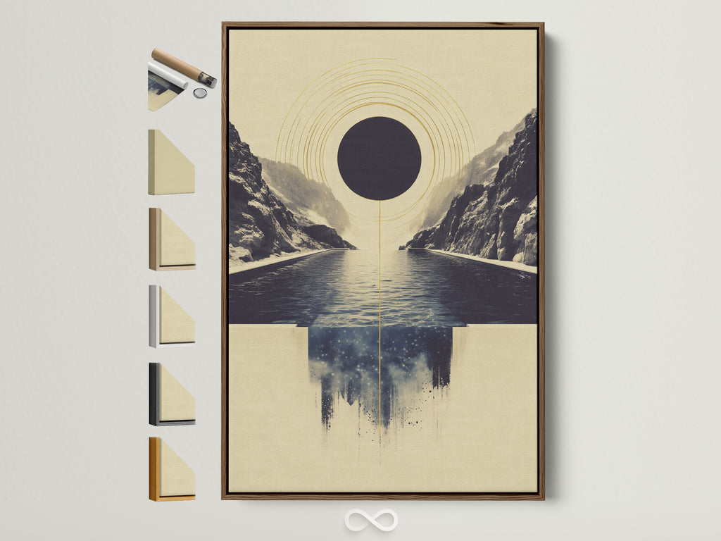 Abstract Infinity Pool artwork in a brown frame. This geometric seascape wall art features a minimalist print. You can see all available frame options displayed on the side. Perfect for modern office decor. The serene artwork adds a calming touch to any space.