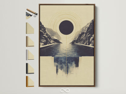 Abstract Infinity Pool artwork in a brown frame. This geometric seascape wall art features a minimalist print. You can see all available frame options displayed on the side. Perfect for modern office decor. The serene artwork adds a calming touch to any space.