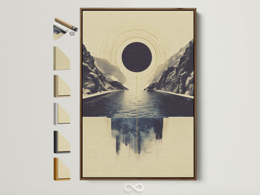 Abstract Infinity Pool artwork in a brown frame. This geometric seascape wall art features a minimalist print. You can see all available frame options displayed on the side. Perfect for modern office decor. The serene artwork adds a calming touch to any space.