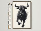 Framed bull artwork with a halftone print in a light brown frame. This modern farmhouse art enhances living rooms and offices. See the various frame options available for this animal canvas print. Find the perfect frame to match your decor. This black and white decor complements minimalist and rustic styles.