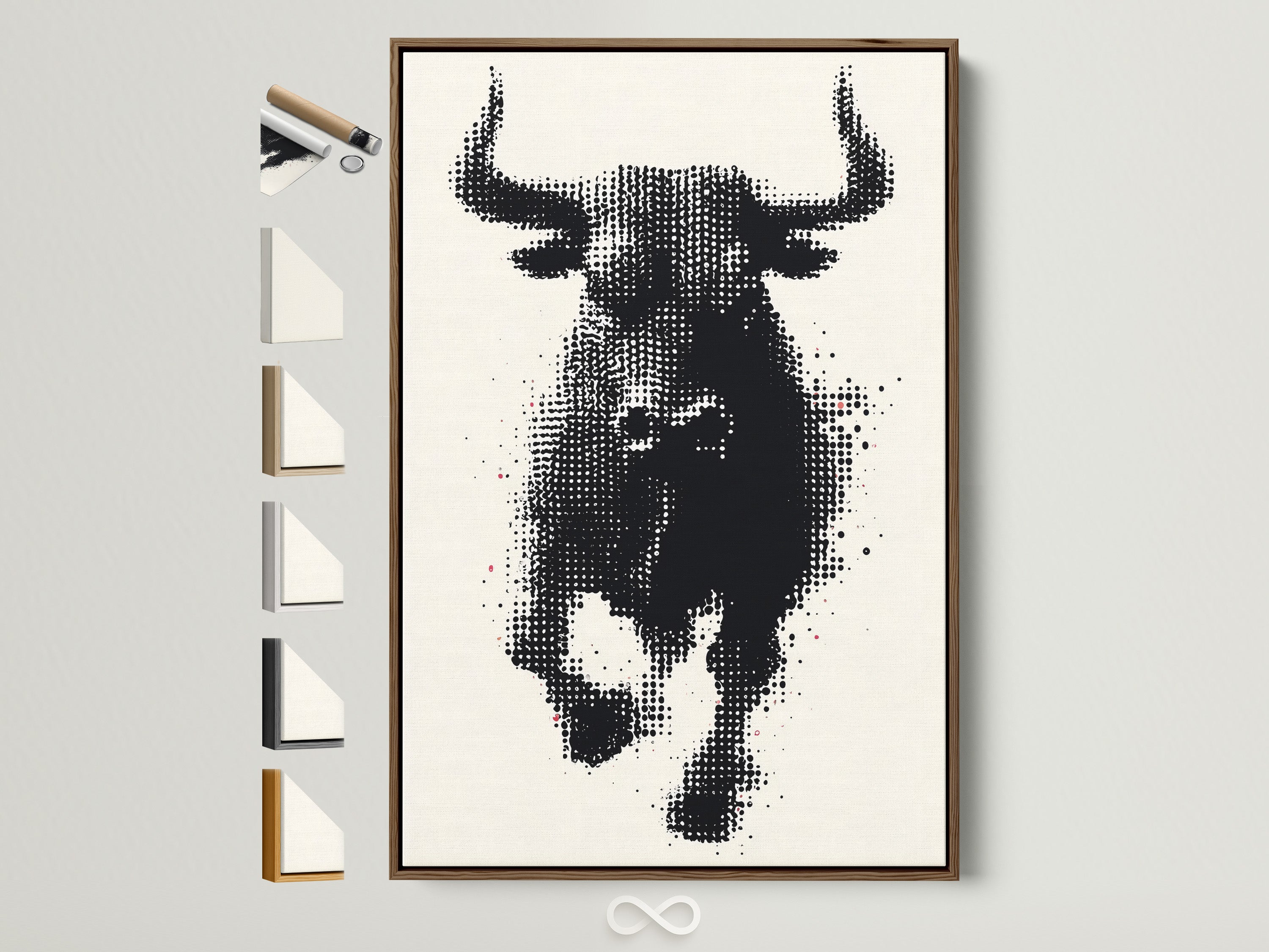 Framed bull artwork with a halftone print in a light brown frame. This modern farmhouse art enhances living rooms and offices. See the various frame options available for this animal canvas print. Find the perfect frame to match your decor. This black and white decor complements minimalist and rustic styles.