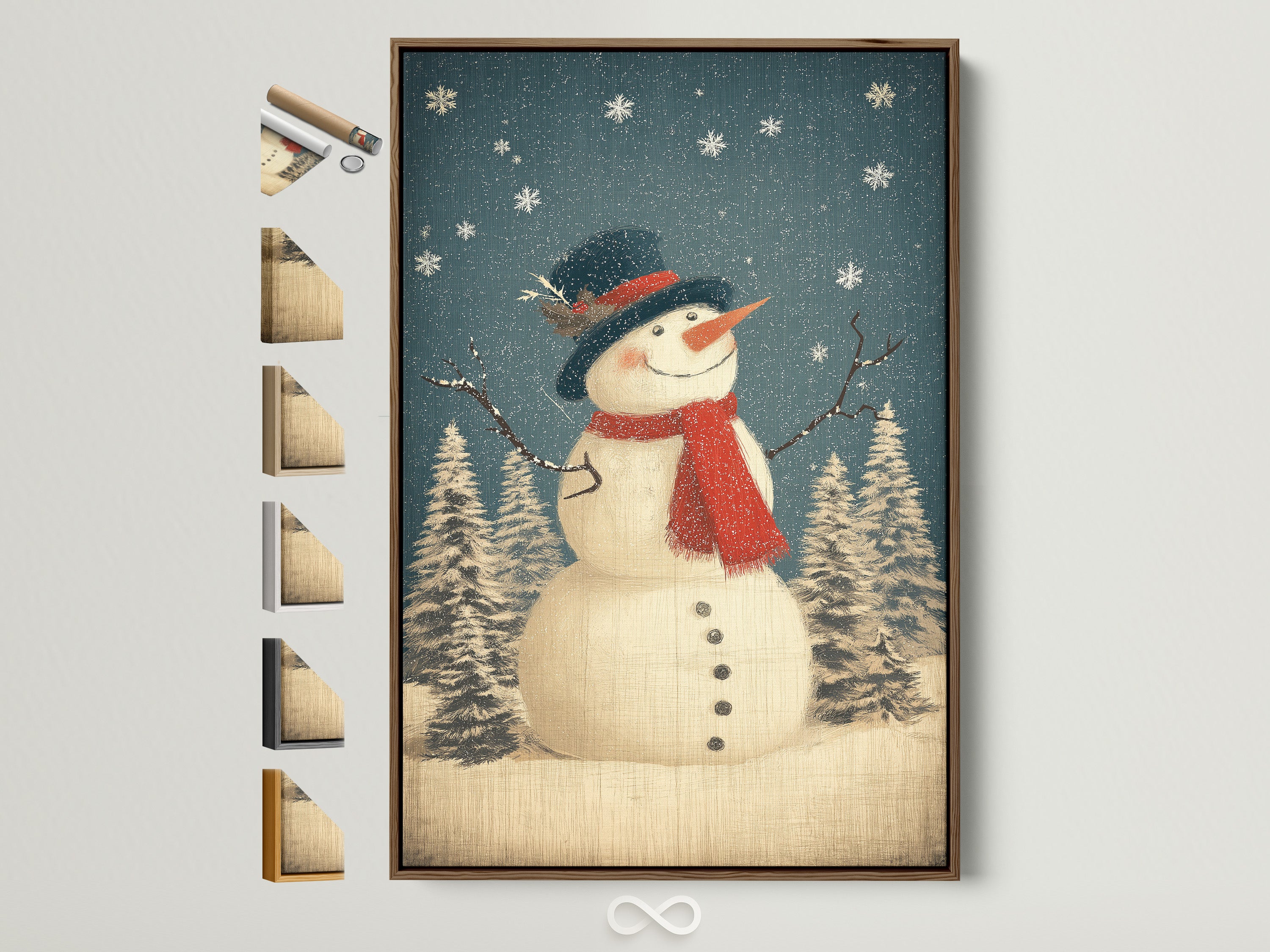 Vintage Snowman Wall Art is displayed in a brown frame. All frame options are shown on the side. This winter holiday canvas print adds rustic Christmas decor to any farmhouse. It is perfect for holiday decorating.